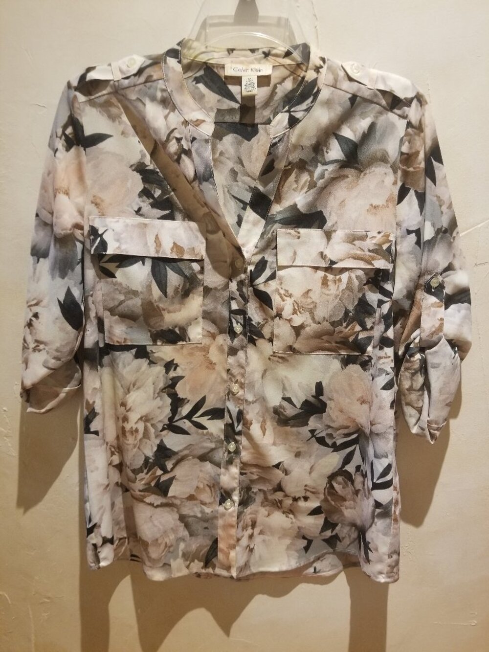 CALVIN KLEIN WOMENS CASUAL PINK & GRAY FLORAL ROLL TAB SLEEVE BLOUSE SZ S